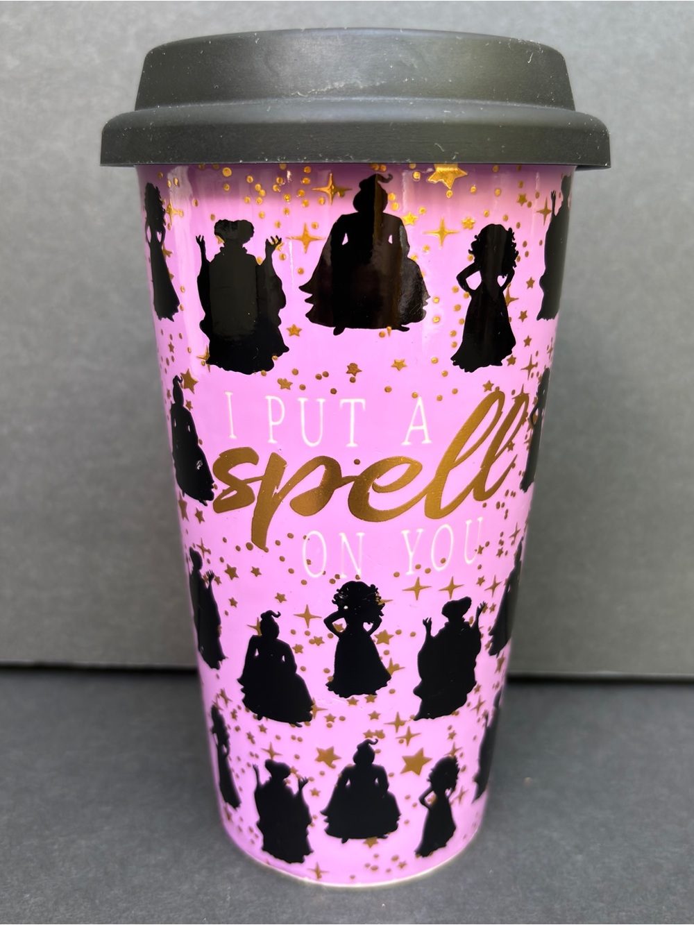 Hocus Pocus Disney Purple Ceramic Travel Mug Gold Stars  Spirit Halloween 14 oz